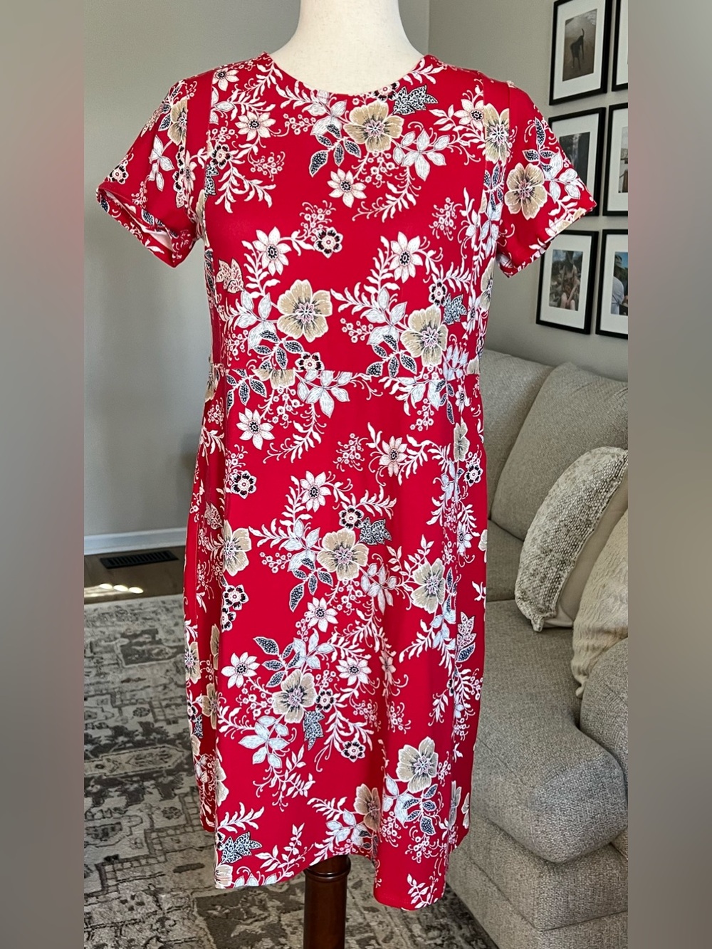 J Jill Cherry Red Floral Jersey Pullover Midi Dress Size PS Small Petite